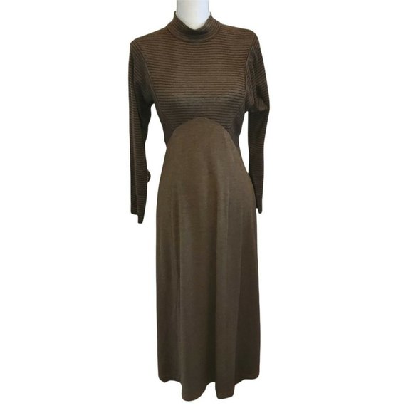 Vintage 90s Modest Longsleeve Maxi Dress Grunge Brown Mockneck Size Small Medium - Picture 1 of 10